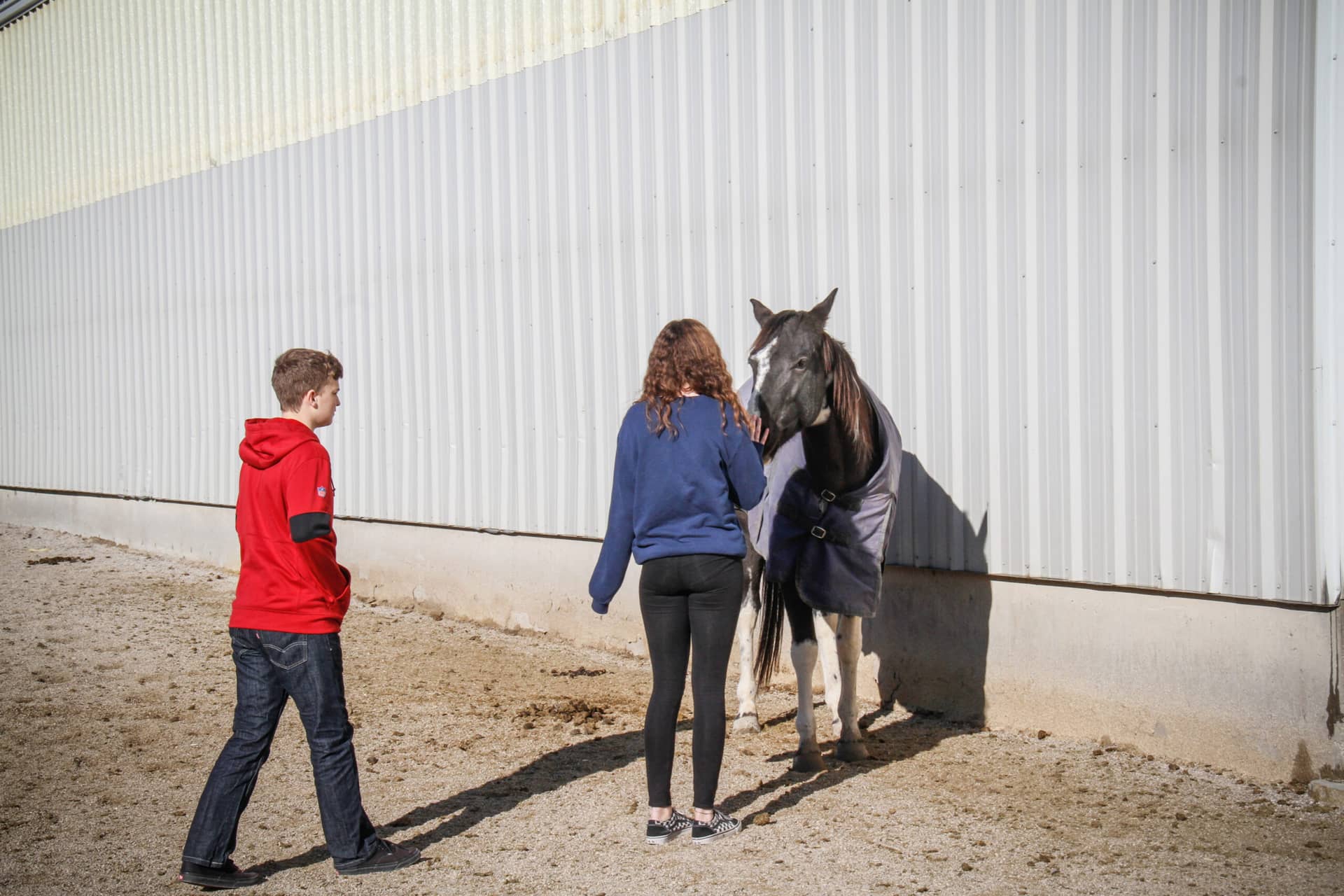 Two teenagers approaching a horse